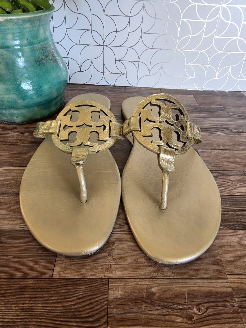 Tory Burch Metallic Gold Logo Thong Sandals